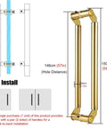 Glass Door Handle For Hall And Bathroom, Modern Round Metal Push Pull Door Handle With Installation Fittings, Built Tough Aluminum Construction, Fits Solid Wood And Sliding Barn Doors, Easy Two Hole Mount, 59 Inch Size, shown with installation diagram and dimensions.