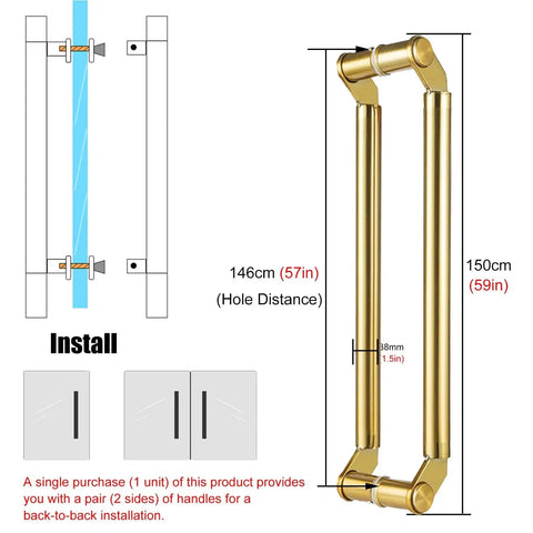 Glass Door Handle For Hall And Bathroom, Modern Round Metal Push Pull Door Handle With Installation Fittings, Built Tough Aluminum Construction, Fits Solid Wood And Sliding Barn Doors, Easy Two Hole Mount, 59 Inch Size, shown with installation diagram and dimensions.