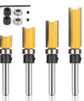 Smooth Operator 4 Piece 1/4 Inch Shank Flush Trim Router Bit Set With Bottom Bearings And Quick Swap Blades showing four router bits and accessories.