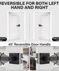 Beefy Bedroom Door Lock With Heavy Duty Lever Made From Zinc Alloy And Brushed Bronze Finish Privacy Lock Reversible For Left Or Right Doors Adjustable Backset Fits Standard Interior Doors Exterior Unlock With Coin Or Wire showing reversible door handle angles and positions on both left and right handed doors