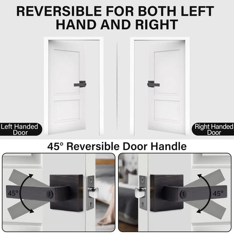 Beefy Bedroom Door Lock With Heavy Duty Lever Made From Zinc Alloy And Brushed Bronze Finish Privacy Lock Reversible For Left Or Right Doors Adjustable Backset Fits Standard Interior Doors Exterior Unlock With Coin Or Wire showing reversible door handle angles and positions on both left and right handed doors