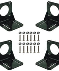 Front view of four black steel NEMA 23 stepper motor mounting brackets with screws and nuts