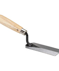 Masonry Margin Trowel Pro-Grade 5 Inch By 2 Inch Carbon Steel Blade With Wood Handle, shown in side angle view.