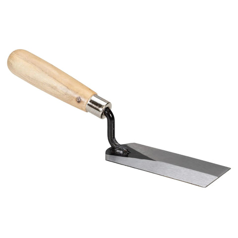 Masonry Margin Trowel Pro-Grade 5 Inch By 2 Inch Carbon Steel Blade With Wood Handle, shown in side angle view.