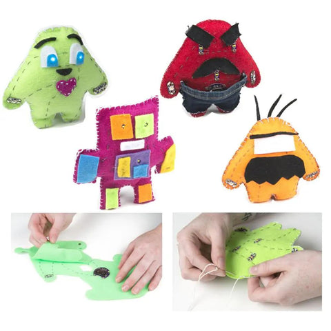 Plush figures made with LilyPad Sewable Electronics Starter Kit for Arduino, featuring LEDs and conductive thread crafting for beginners.