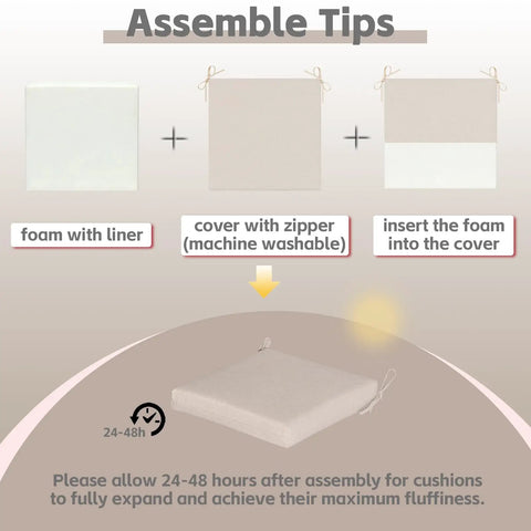 Assembly guide for Cozy Outdoor Chair Cushions Set of 4 with foam liner and cover featuring YKK zippers and ties.