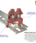 DIN Rail Terminal Block Screw Type DK2.5N-RD Red, UL 600V 20A 12-22AWG, mounted on rail, red housing, side view