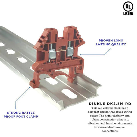 DIN Rail Terminal Block Screw Type DK2.5N-RD Red, UL 600V 20A 12-22AWG, mounted on rail, red housing, side view