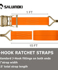 Heavy Duty 12 Pack Ratchet Tie Down Straps 2 Inch By 27 Foot For Trucks 10000 Pound Break Strength 3300 Pound Working Load Premium J Hook Cargo Straps Rugged Webbing For Secure Hauls On Any Rig, showing a single orange strap with metal J-hooks.