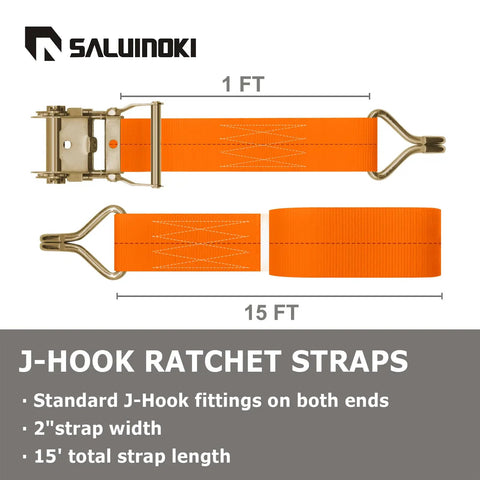 Heavy Duty 12 Pack Ratchet Tie Down Straps 2 Inch By 27 Foot For Trucks 10000 Pound Break Strength 3300 Pound Working Load Premium J Hook Cargo Straps Rugged Webbing For Secure Hauls On Any Rig, showing a single orange strap with metal J-hooks.