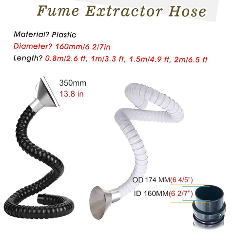 Heavy Duty Fume Extraction Arm With 6 Meter Air Extractor Hose And Removable Hoods For Industrial Welding And Soldering Work featuring black and white plastic hoses.