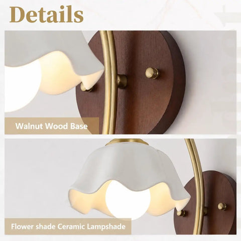Close-up of Vintage Wireless Wall Sconces Set of Two Dimmable Rechargeable Wall Sconce with walnut wood base and ceramic lampshade.
