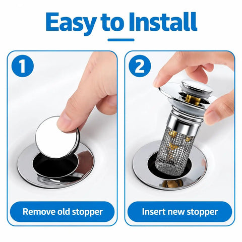Installation steps showing Removable Stainless Steel Hair Catcher Basket For Bathroom Sink Tub And Shower With Pop Up Drain Stopper.