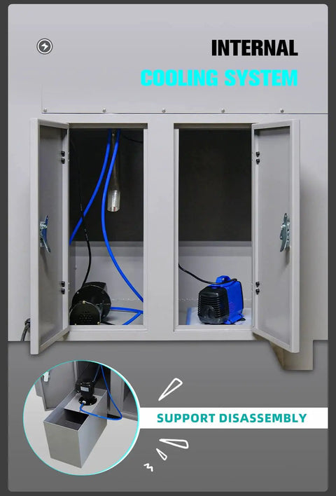 Internal cooling system of a Rock Solid CNC Milling Machine with blue hoses and motors for efficient operation.