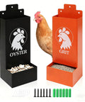 Hella Durable Metal Chicken Grit And Oyster Shell Feeder with black oyster and orange grit bins, perfect for hanging to boost nutrition.