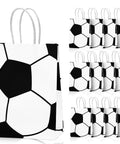 12 Pack Soccer Themed Party Favor Bags With Handles, showcasing black and white soccer ball design on kraft paper