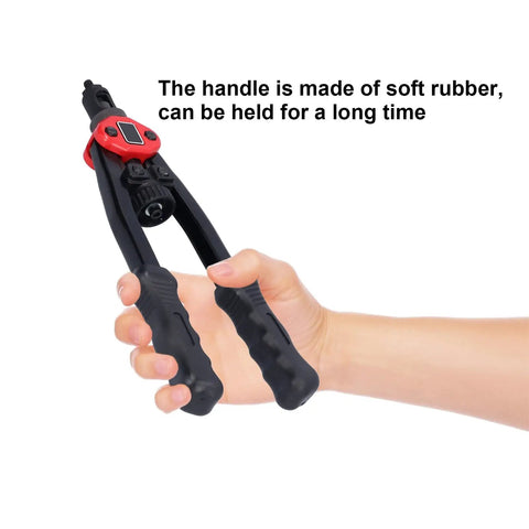 Hands holding Rivet Nut Gun Stainless Steel BT605 Manual Riveting Tool Kit with ergonomic grip and wrench.