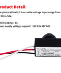 DC 8 To 50V Photoelectric Switch with 5A load rating and voltage support for 12V 24V 36V 48V, three-wire setup detail view