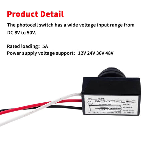 DC 8 To 50V Photoelectric Switch with 5A load rating and voltage support for 12V 24V 36V 48V, three-wire setup detail view