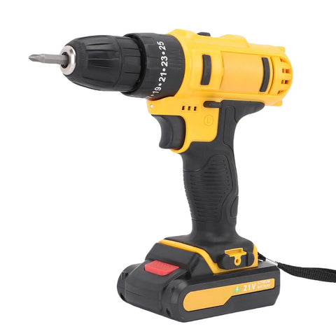 Rugged 21V Cordless Drill And 3 In 1 Impact Driver Kit Featuring Straight Shooting Accuracy Up To 1280 Rpm, close-up view showing drill and battery.