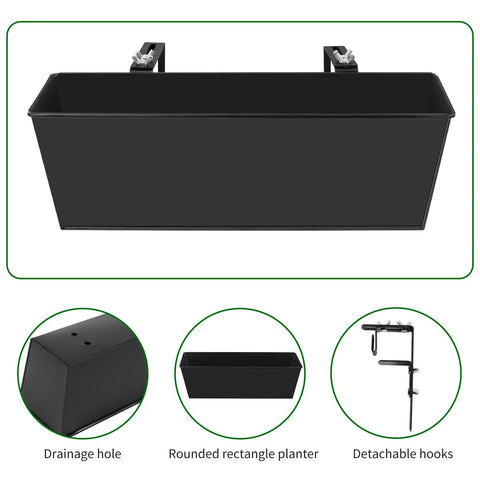 Railing Planter Set For Outdoor Plants 16 Inch Metal Rectangular Window Boxes With Adjustable Brackets And Drainage Hanging Pots Black
