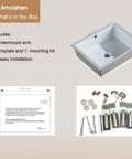 Compact White Ceramic Undermount Bathroom Sink 16.54 By 12.87 Inches With Overflow Rectangular Vanity Lavatory Basin For Modern Under Counter Install Space Saver Design For Tiny Bathrooms with installation tools and template included.