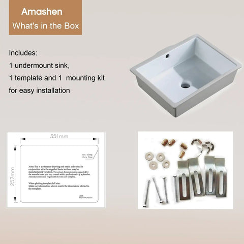 Compact White Ceramic Undermount Bathroom Sink 16.54 By 12.87 Inches With Overflow Rectangular Vanity Lavatory Basin For Modern Under Counter Install Space Saver Design For Tiny Bathrooms with installation tools and template included.