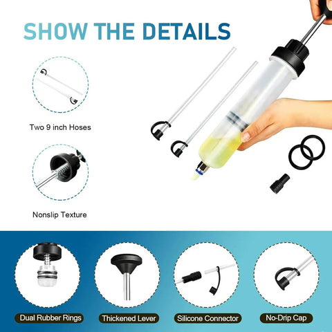 Power Steering Fluid Extractor Kit For Cars 200cc Manual Oil Sucker Pump with dual hoses and easy-grip syringe shown in detail.