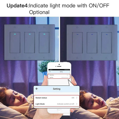Comparison showing Three-Way Smart Light Switch for Wall, 3-Gang, 2.4GHz WiFi with app control on a smartphone.