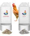 Top Shelf Hanging Chicken Grit And Oyster Shell Feeder Metal Coop Staple That Kills Feed Waste Cold And Keeps Your Flock Well Supplied Happy Healthy And Laying Eggs Flat Out Best For All Flock Ages White Twin Pack with oyster and grit bins.