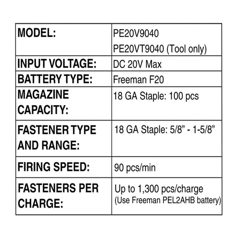 Specifications for 20 Volt Cordless 18 Gauge Narrow Crown Stapler One Point Five Eight Inch Tool Only Delivers Up To 1300 Shots Per Charge