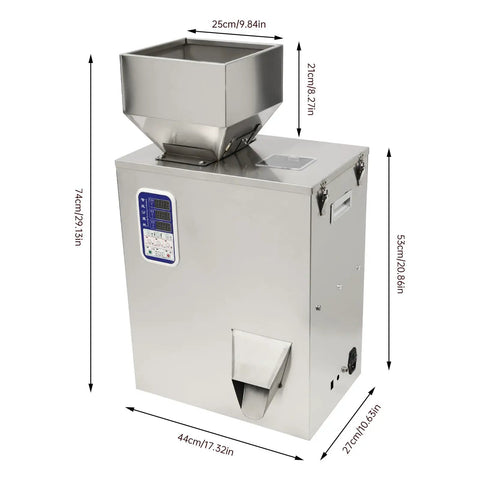 Automatic Granule Filling Machine Features Stainless Steel Housing For Hella Precise Digital Weighing Up To Five Hundred Grams, side view.