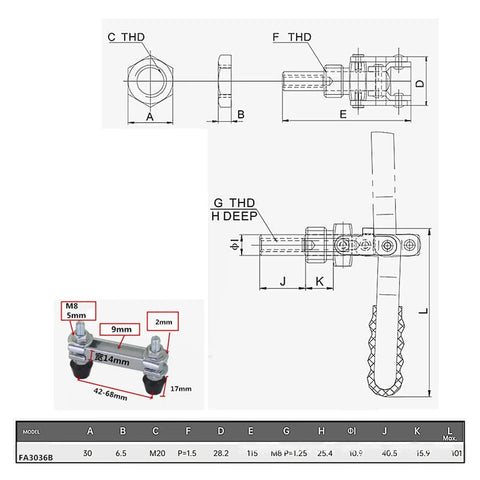 Technical drawing of Double Head Push Pull Clamp With 39mm Stroke And 136kg Force for precise measurements and assembly details.