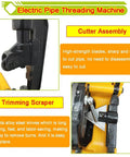 Built Tough Electric Pipe Threader Machine Combining Cutting Trimming And Threading For One Half To Three Inch NPT BSPT Water Gas Pipes And Electrical Conduits Working Like A Charm On 220V cutter and trimming scraper close-up, highlighting high-strength blades and alloy steel knives.