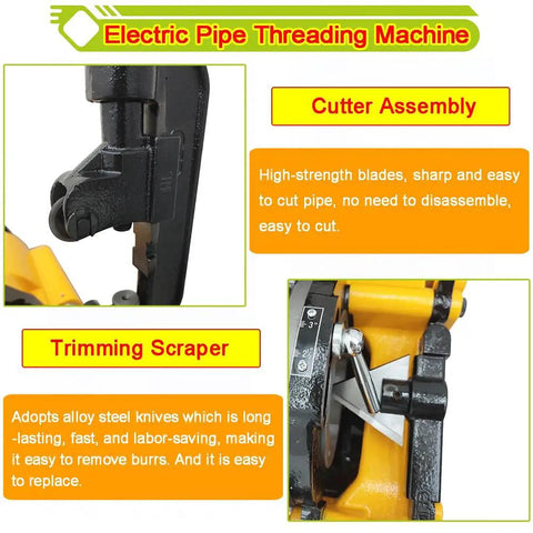 Built Tough Electric Pipe Threader Machine Combining Cutting Trimming And Threading For One Half To Three Inch NPT BSPT Water Gas Pipes And Electrical Conduits Working Like A Charm On 220V cutter and trimming scraper close-up, highlighting high-strength blades and alloy steel knives.