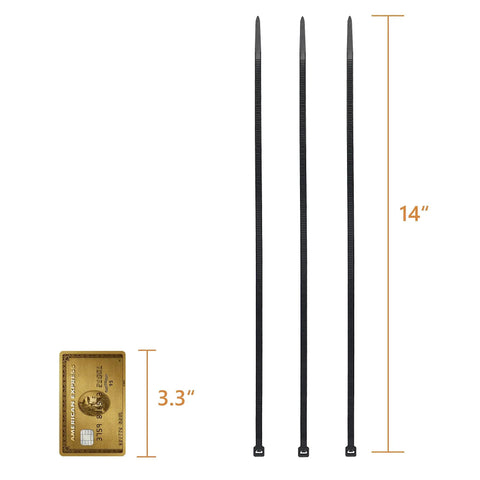 14 Inch UV Resistant Zip Ties 500 Pack Self Locking Cable Ties For Indoor Outdoor Use 50 lb tensile strength shown with size comparison