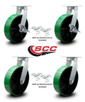 12 Inch Swivel Top Plate Caster Set Heavy Duty Green Poly On Cast Iron Wheels With 2 Swivel Brakes And Bolt On Swivel Locks