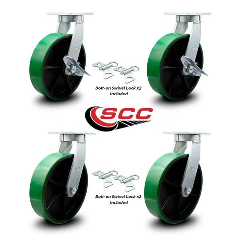 12 Inch Swivel Top Plate Caster Set Heavy Duty Green Poly On Cast Iron Wheels With 2 Swivel Brakes And Bolt On Swivel Locks
