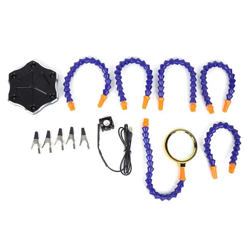 This Compact Welding Machine Boasts A Brushless DC Fan To Slash Smoke And Heat While The 3x Magnifying Glass Makes Tough Jobs Easy Peasy With Full Universal Tube And Clip Kit Included, showing tubes, clips, and magnifier.