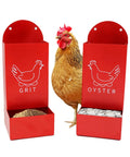 Must Have Backyard Bird Gear Two Pack Red Metal Grit And Oyster Shell Feeders with hen beside grit and oyster shell compartments.