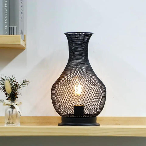 11 Inch Tall Metal Battery Operated Table Lamp In Vase Shape With Mesh Design, Cordless Led Bulb Light For Indoor Outdoor Decor