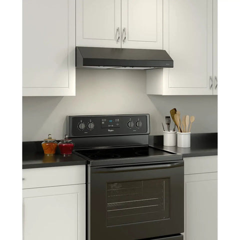 Glacier 30-Inch Under-Cabinet Range Hood With Integrated Light And Exhaust Fan, Black Finish, installed in modern kitchen