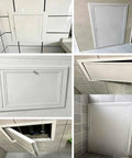 Heavy Duty Aluminum Alloy Attic Access Door With Slick Paintable White Finish And Rock Solid Twist Latch For Easy Peasy Ceiling Hatch Install And Quick Emergency Access Throughout Your House, multiple angles in tile environment.