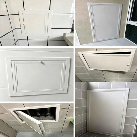 Heavy Duty Aluminum Alloy Attic Access Door With Slick Paintable White Finish And Rock Solid Twist Latch For Easy Peasy Ceiling Hatch Install And Quick Emergency Access Throughout Your House, multiple angles in tile environment.