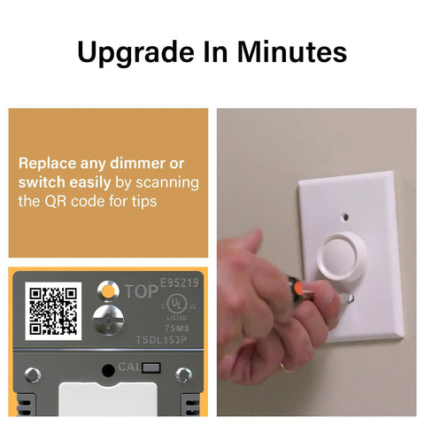 Top Shelf Buttery Smooth Toggle LED Dimmer Light Switch Featuring Advanced Flicker Free Tech Up To 150 Watts For Hassle Free Home Lighting Control In Clean Black One Pack QR code for installation tips.