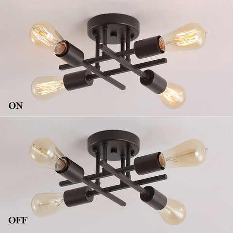 4-Light Black Semi Flush Mount Ceiling Light Fixture With Dope Industrial Farmhouse Metal Design, shown on and off