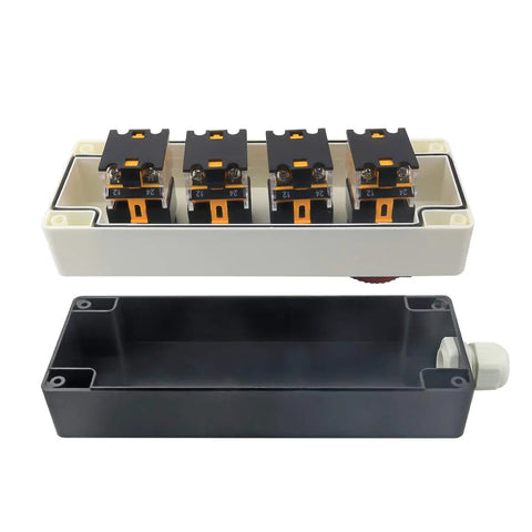 Internal view of Red Yellow Green Emergency Stop Push Button Switch 1NC 1NO Self Locking Momentary Mushroom Button For Heavy Duty Machines 440V 10A Non Illuminated Latching Pushbutton Station Switch showing contact mechanism.