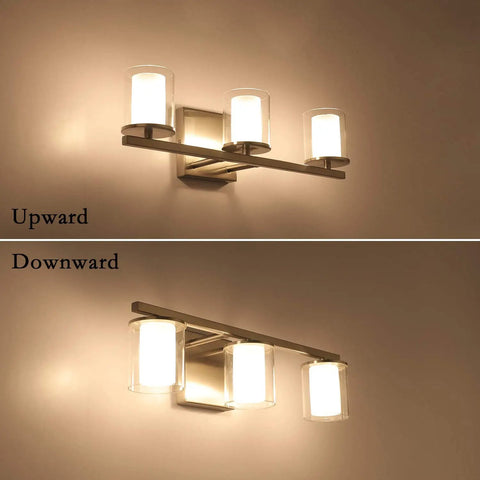 3 Light Glass Vanity Light Fixtures In Nickel Finish Dope Farmhouse Vibe, 17.9 Inch Bathroom Lighting Wall Sconces Upward and Downward