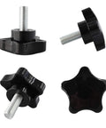 Eight Pack M8 X 20mm star shape head knurled thumbscrews with black steel threaded hand bolt knobs for clamping in machinery.