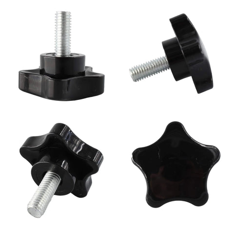 Eight Pack M8 X 20mm star shape head knurled thumbscrews with black steel threaded hand bolt knobs for clamping in machinery.